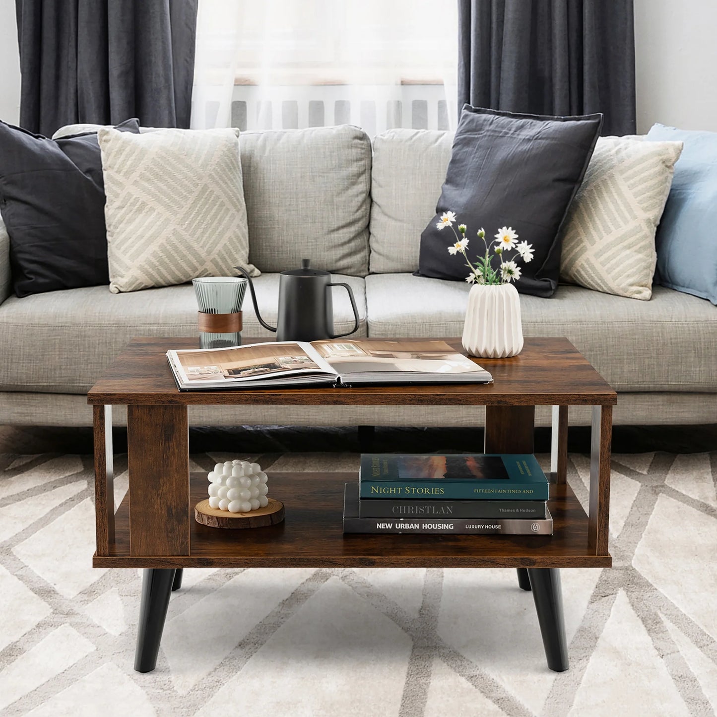 Mid-Century Retro Coffee Table with Open Shelf Storage for Living Room