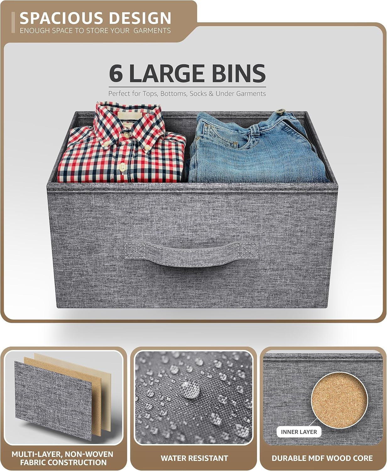 6-Drawer Dresser - Versatile Chest Organizer with Steel Frame, Wooden Top, and Convenient Fabric Bins for Clothing Storage in Bedroom, Hallway, Living Room, Nursery, and Closet