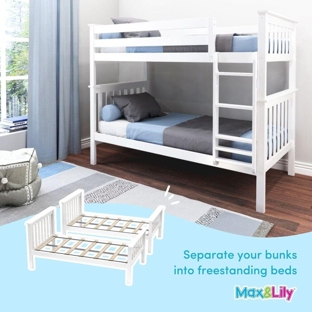 Twin Over Twin Solid Wood Bunk Bed Frame with Ladder and Safety Guardrails, Easy Assembly, No Box Spring Required, White Finish