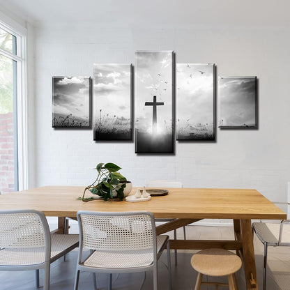 Black and White Christian Wall Art Set - Religious Jesus Cross Prints for Living Room and Bedroom Decor - 5-Piece Artwork (60" W x 32" H)