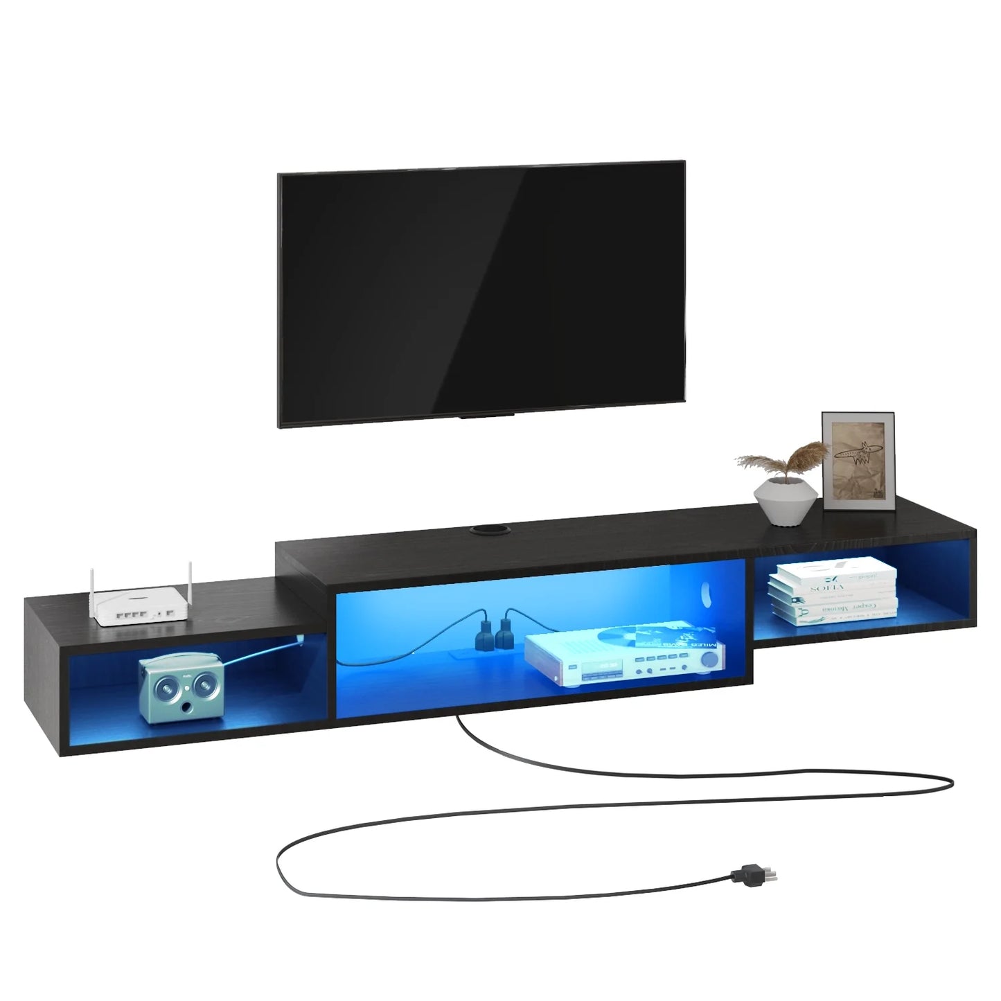 59" Floating TV Stand with LED Lights & Power Outlet for 60 Inch TV, Wall Mounted Media Console Entertainment Center, Black