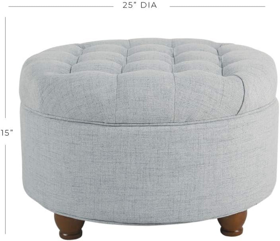 Button-Tufted Round Woven Storage Ottoman in Light Blue for Living Room and Bedroom