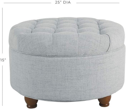 Button-Tufted Round Woven Storage Ottoman in Light Blue for Living Room and Bedroom