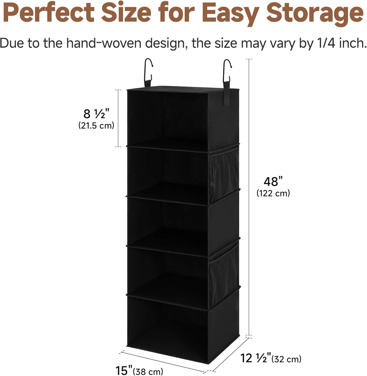 5-Shelf Hanging Closet Organizers, Foldable Closet Storage Organizer with 2 Side Pockets, Portable Hanging Shelves for Clothes, Sweater, Towels, 12 1⁄2" D X 15" W X 48" H, Black