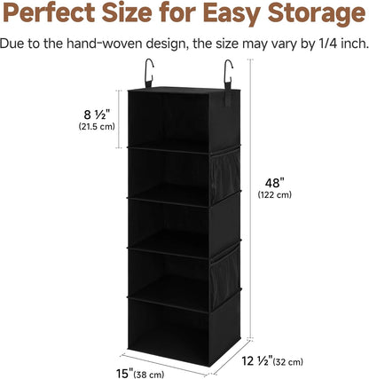 5-Shelf Hanging Closet Organizers, Foldable Closet Storage Organizer with 2 Side Pockets, Portable Hanging Shelves for Clothes, Sweater, Towels, 12 1⁄2" D X 15" W X 48" H, Black