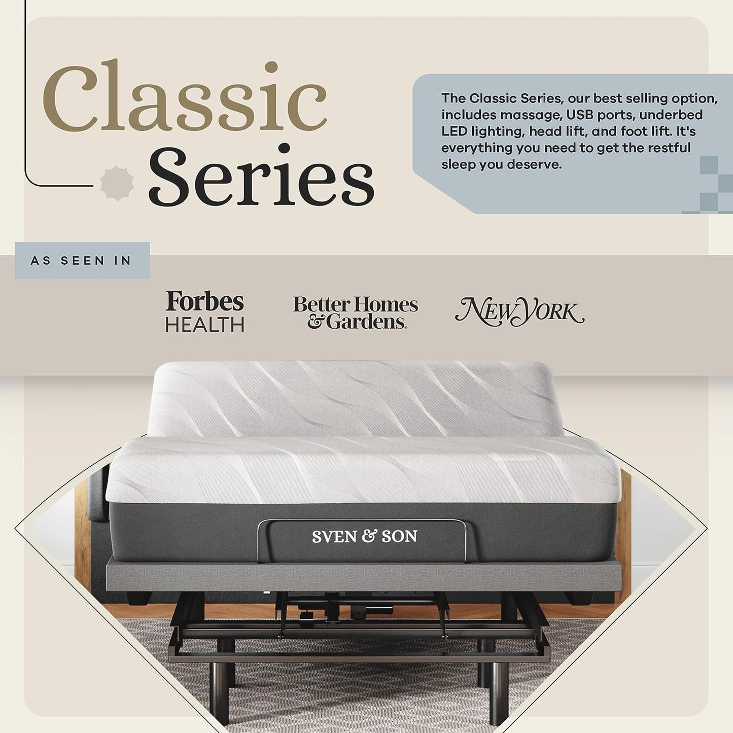 Classic Adjustable Bed Base with Head and Foot Lift, Massage Function, Under-Bed Lighting, USB Ports, Gel Memory Foam, Zero Gravity Smart Frame - Queen Size with 10-Inch Firm Memory Foam Mattress
