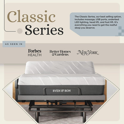 Classic Adjustable Bed Base with Head and Foot Lift, Massage Function, Under-Bed Lighting, USB Ports, Gel Memory Foam, Zero Gravity Smart Frame - Queen Size with 10-Inch Firm Memory Foam Mattress