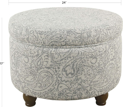 Upholstered Round Storage Ottoman for Living Room and Bedroom in Gray Floral Design