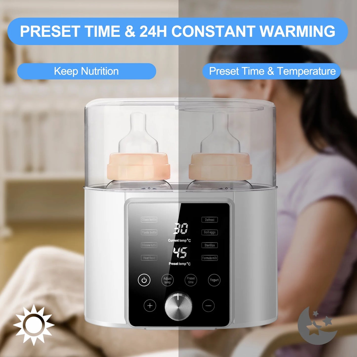 12-in-1 Multifunctional Baby Bottle Warmer and Sterilizer with LCD Display, Timer, and 24-Hour Temperature Control for Breastmilk and Formula, BPA-Free Dual Food Heater and Defroster