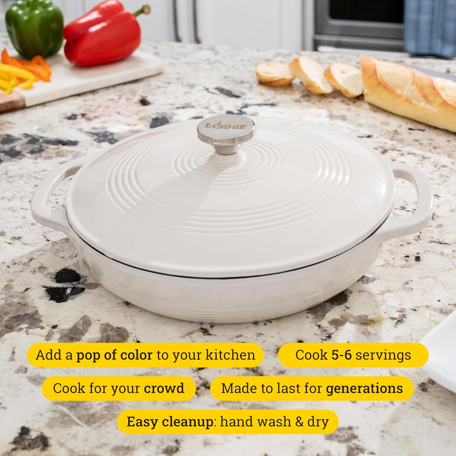 3.6 Quart Enameled Cast Iron round Casserole with Lid– Dual Handles – Oven Safe up to 500° F or on Stovetop - Use to Marinate, Cook, Bake, Refrigerate and Serve – Oyster White