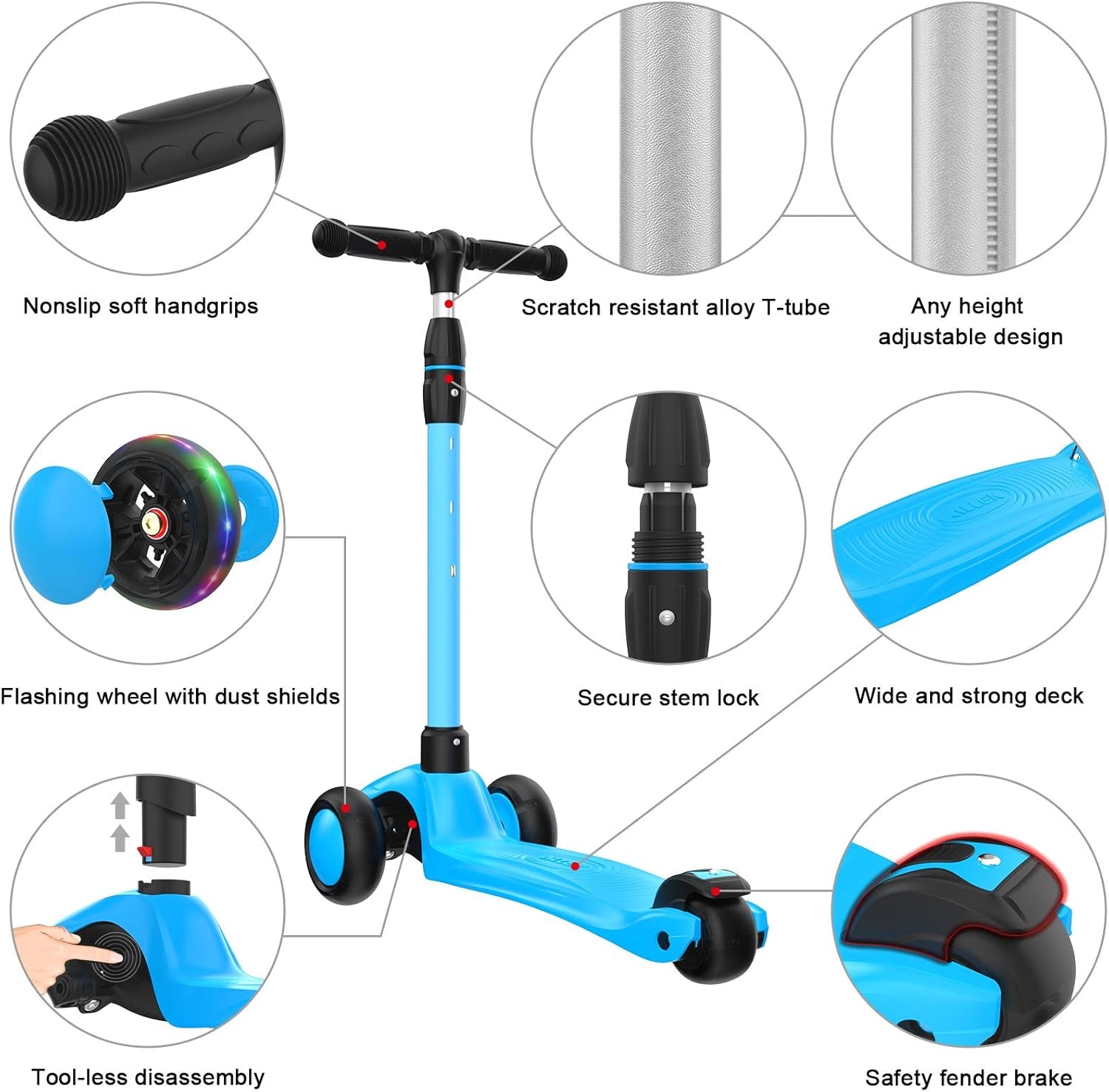 Lean 'N Glide B03 3-Wheeled Kick Scooter for Children Aged 3-12 Years, Adjustable Handlebar, Extra Wide PU Light-Up Wheels, Durable Deck - Aqua Blue
