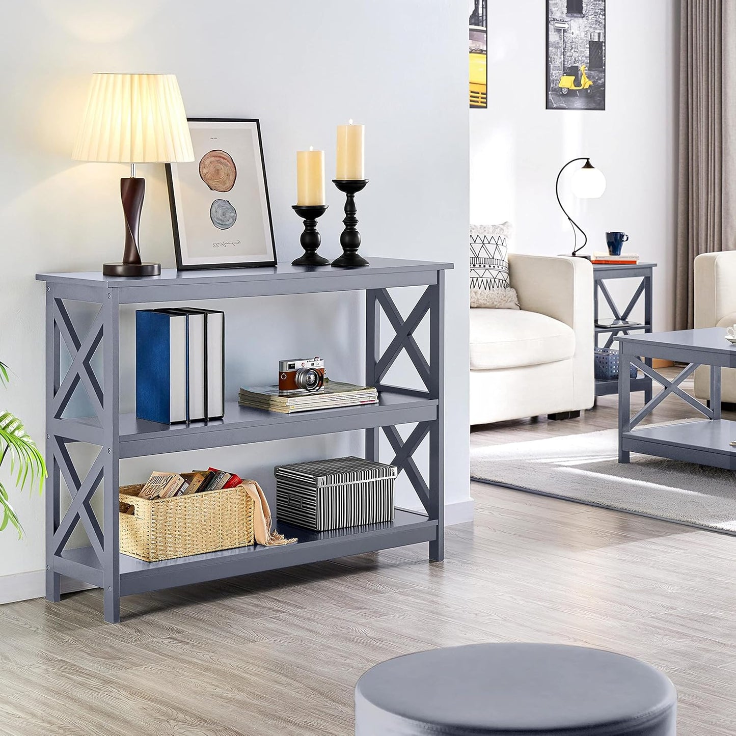 Gray Console Table with Three Storage Shelves - Slim Entryway and Sofa Side Table for Hallway and Living Room Accent Furniture