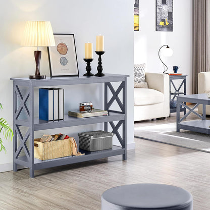 Gray Console Table with Three Storage Shelves - Slim Entryway and Sofa Side Table for Hallway and Living Room Accent Furniture