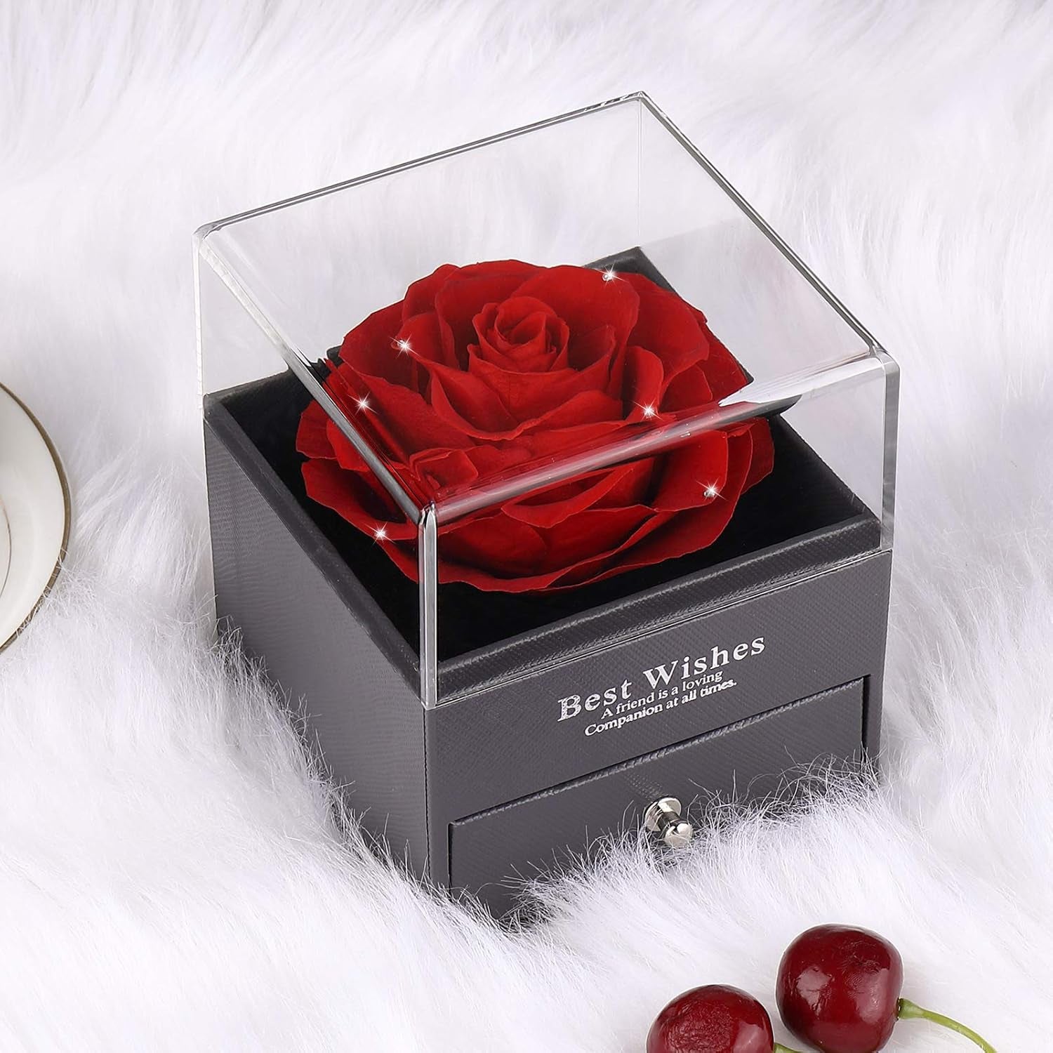 Mother's Day Gift Set: Preserved Real Flower Rose with Silver-Tone Heart Necklace - "I Love You" in 100 Languages, Enchanted Red Crystal Floral Gift for Her