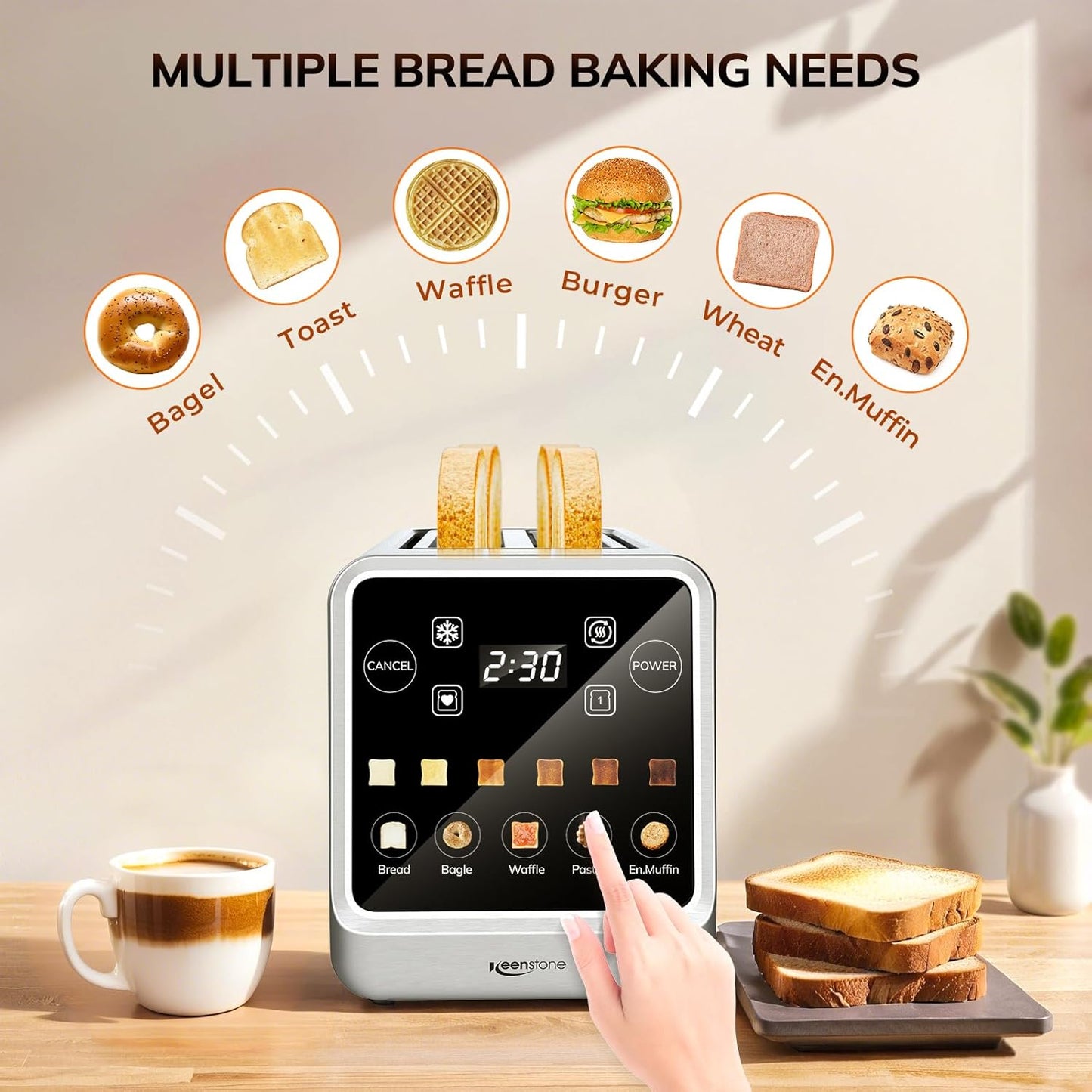 Toaster 4 Slice, Digital Smart Toaster with Touchscreen, Memory Function, Single Slot Toasting, Timer, Reheat & Defrost for Bagels, Bread, Waffles, Muffin, Stainless Steel Kitchen Essentials