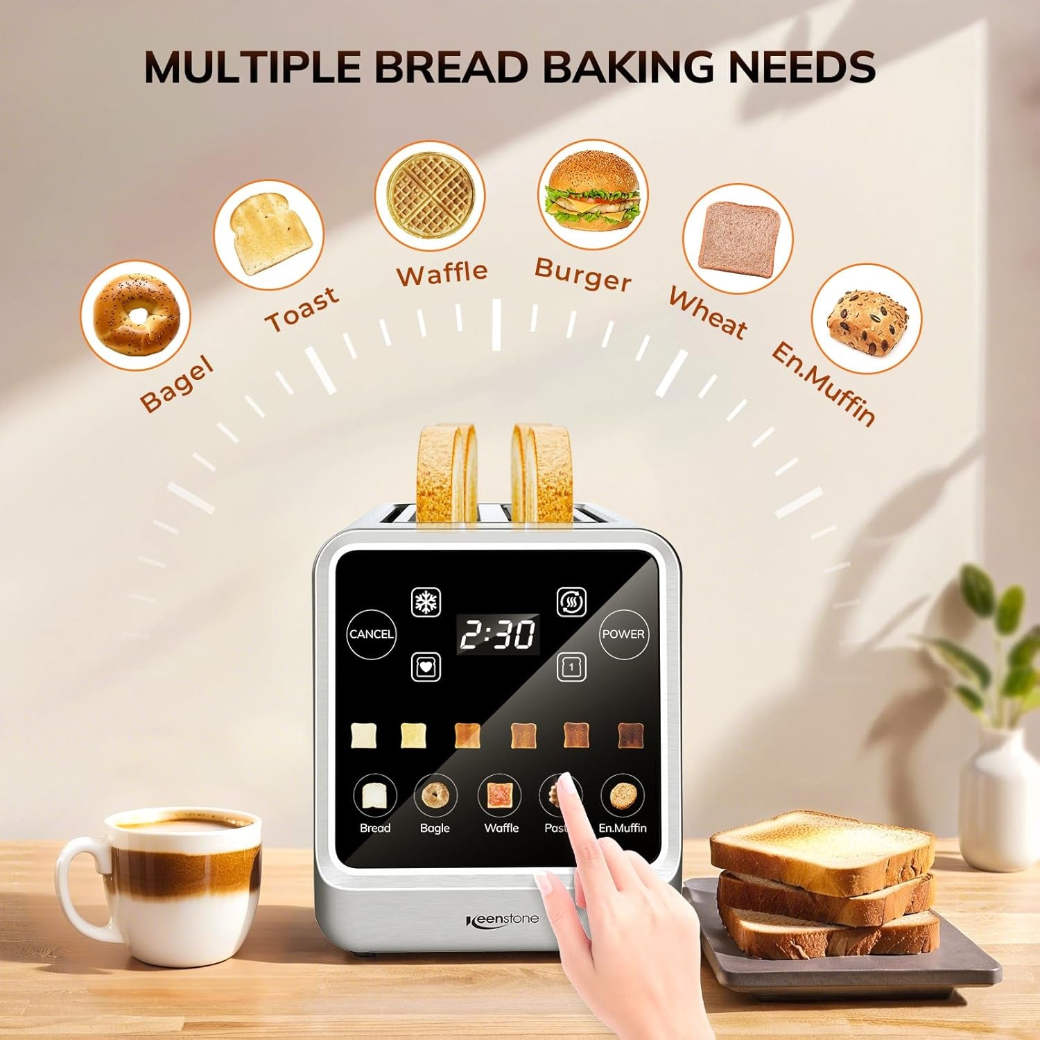Toaster 4 Slice, Digital Smart Toaster with Touchscreen, Memory Function, Single Slot Toasting, Timer, Reheat & Defrost for Bagels, Bread, Waffles, Muffin, Stainless Steel Kitchen Essentials