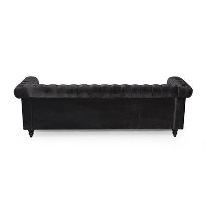 Zyiere Tufted Chesterfield Three-Seater Sofa in Black Velvet and Dark Brown