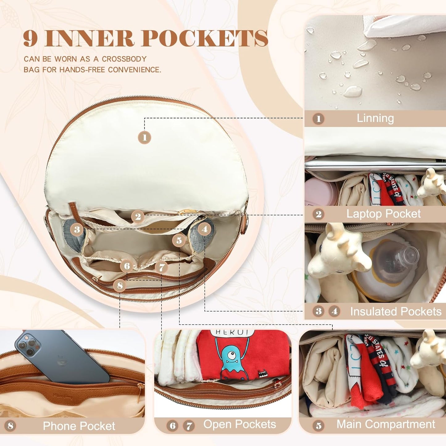 Luxury Leather Diaper Bag Backpack with Changing Pad, Stroller Straps, and Insulated Pockets - Convertible Design in Brown