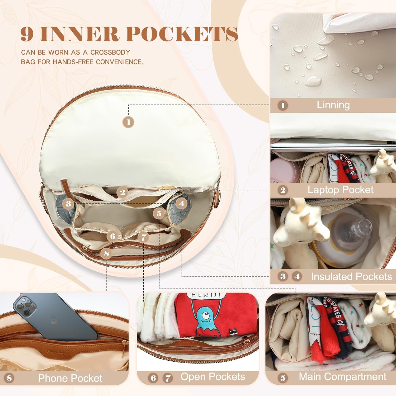 Luxury Leather Diaper Bag Backpack with Changing Pad, Stroller Straps, and Insulated Pockets - Convertible Design in Brown