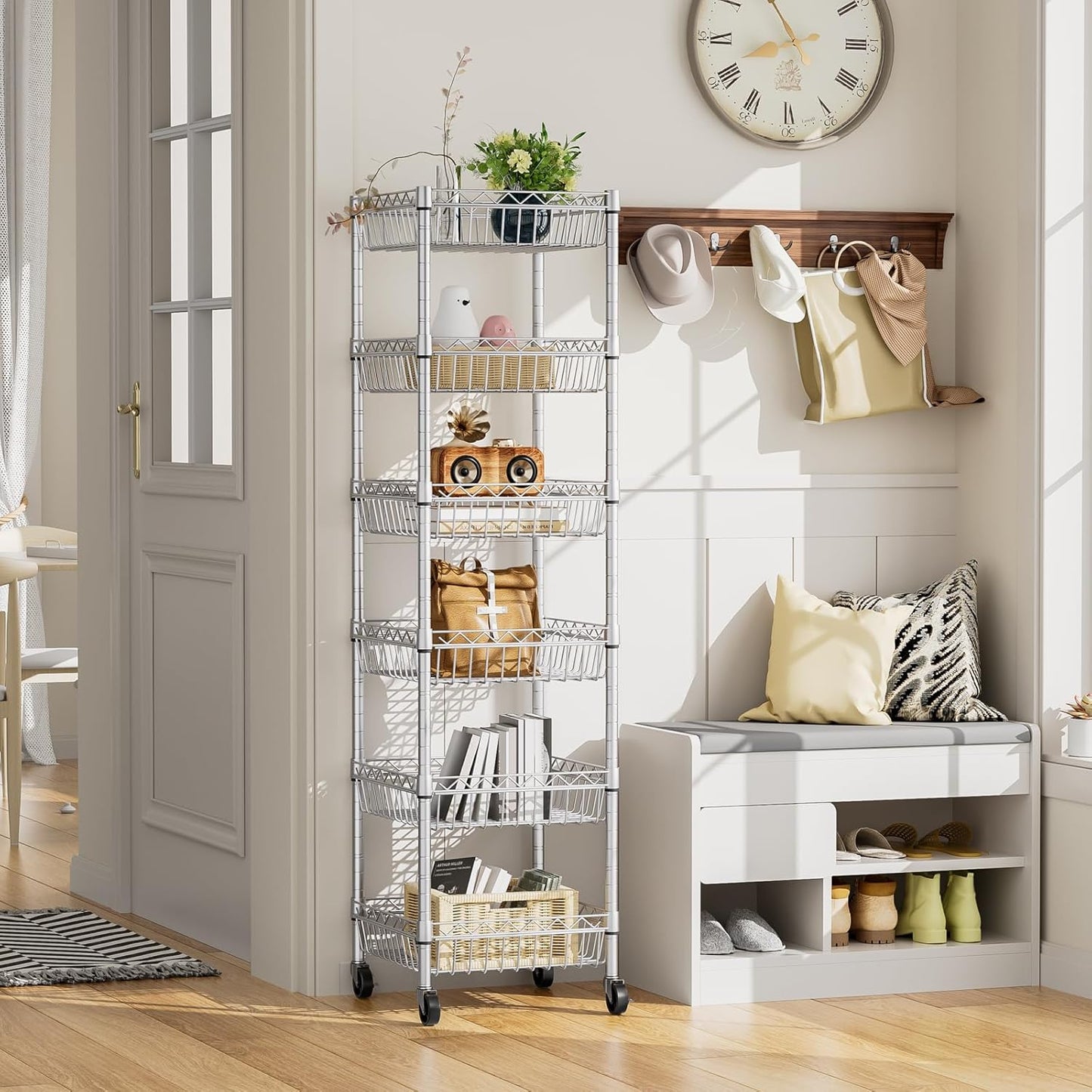 Adjustable Metal Wire Shelving Unit with Wheels for Kitchen, Laundry, and Pantry Organization - 13.5" D x 13.5" W x 63" H - Silver Finish