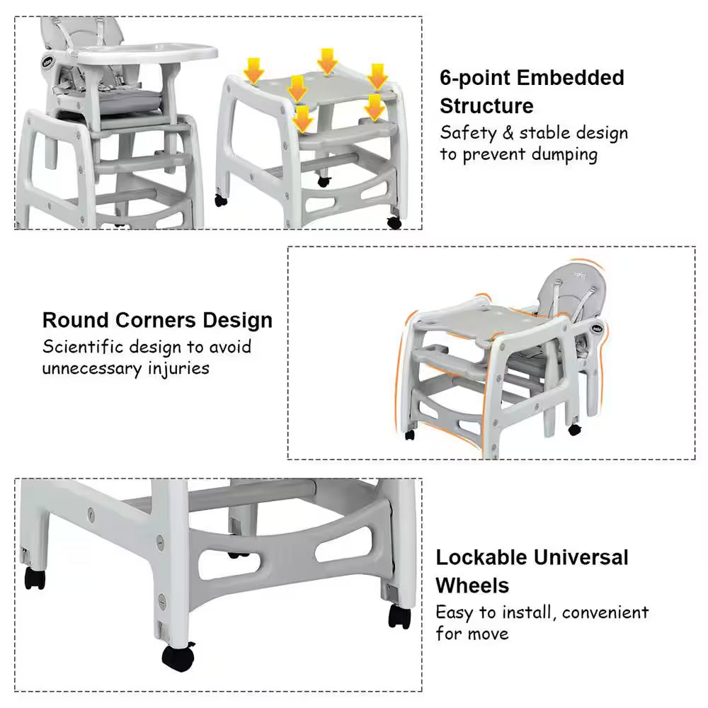 Adjustable 3-in-1 Grey Plastic Baby High Chair with Detachable Trays