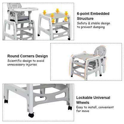 Adjustable 3-in-1 Grey Plastic Baby High Chair with Detachable Trays