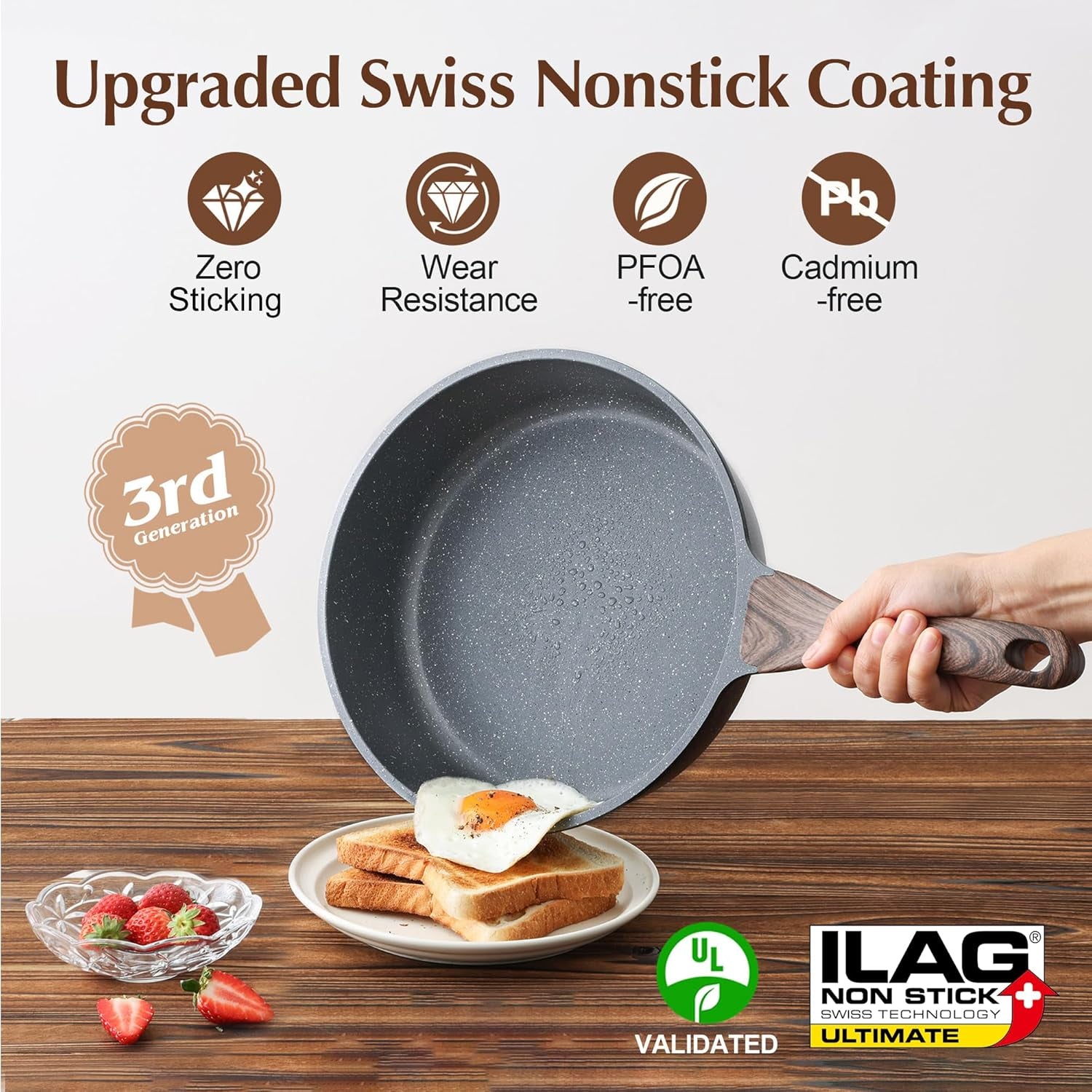 Nonstick Skillet, Deep Frying Pan 10/11/12-Inch, Saute Pan with Lid, Stay-Cool Handle, Healthy Stone Cookware Cooking Pan, Induction Compatible (10-Inch/3.5Qt)