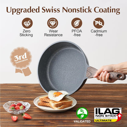 Nonstick Skillet, Deep Frying Pan 10/11/12-Inch, Saute Pan with Lid, Stay-Cool Handle, Healthy Stone Cookware Cooking Pan, Induction Compatible (10-Inch/3.5Qt)