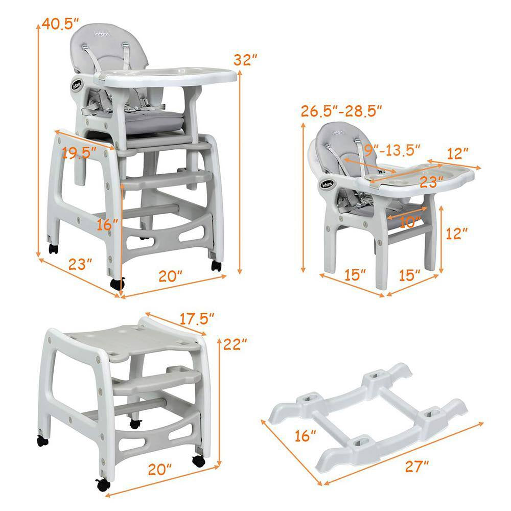 Adjustable 3-in-1 Grey Plastic Baby High Chair with Detachable Trays
