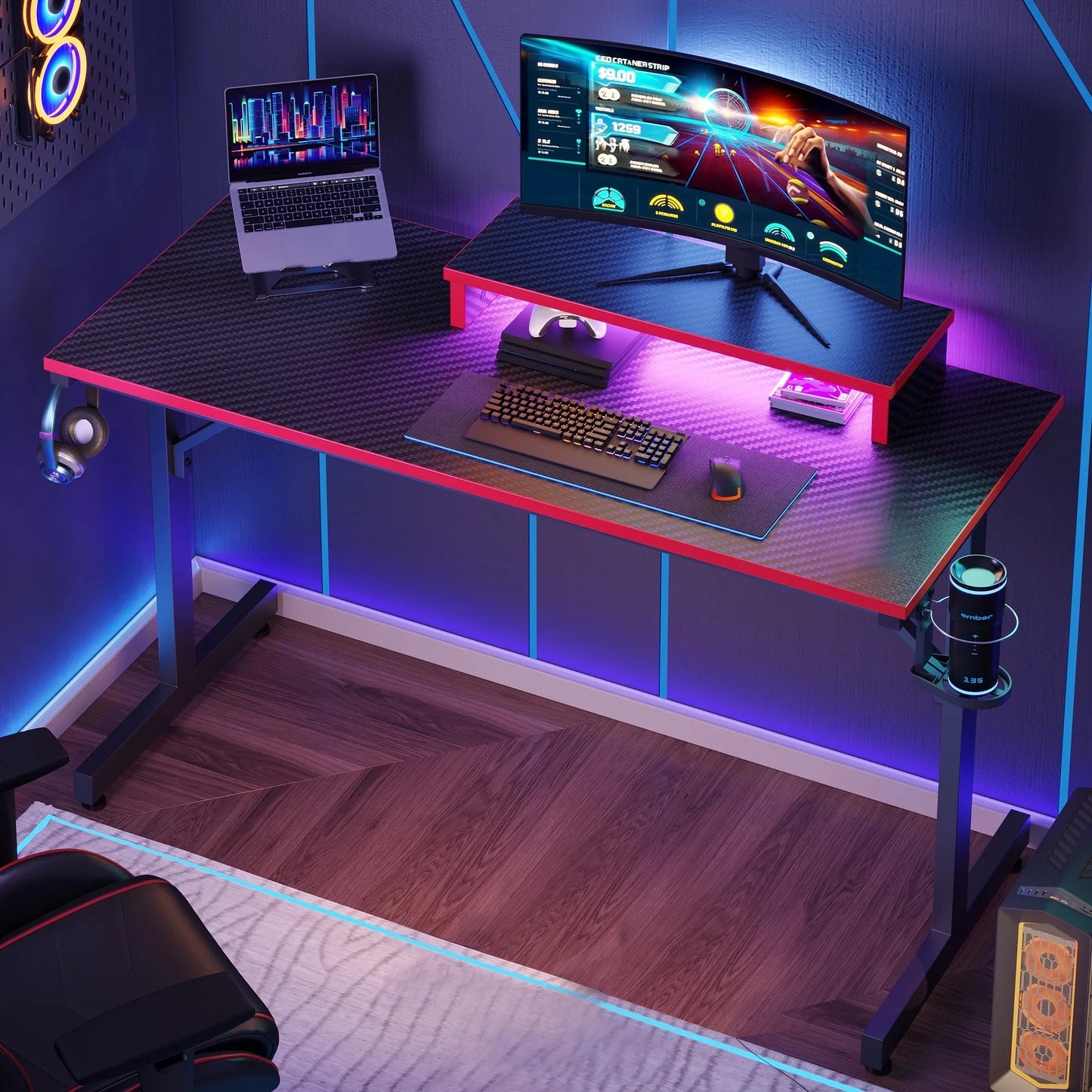 42-Inch Gaming Desk with LED Lighting and Monitor Stand in Red for PC and Office Use