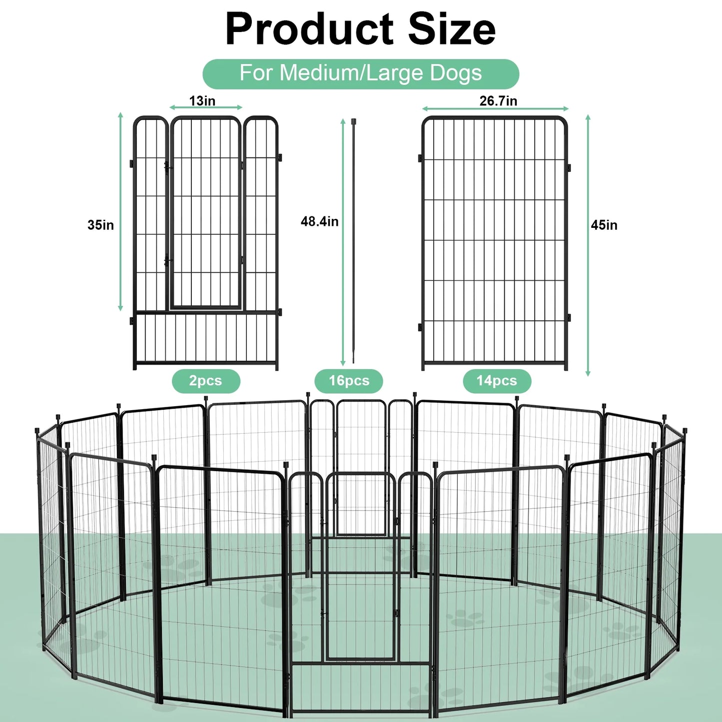 45″ Tall 16 Panels Heavy Duty Metal Dog Playpen for Exercise Outdoor Indoor Fence, Black