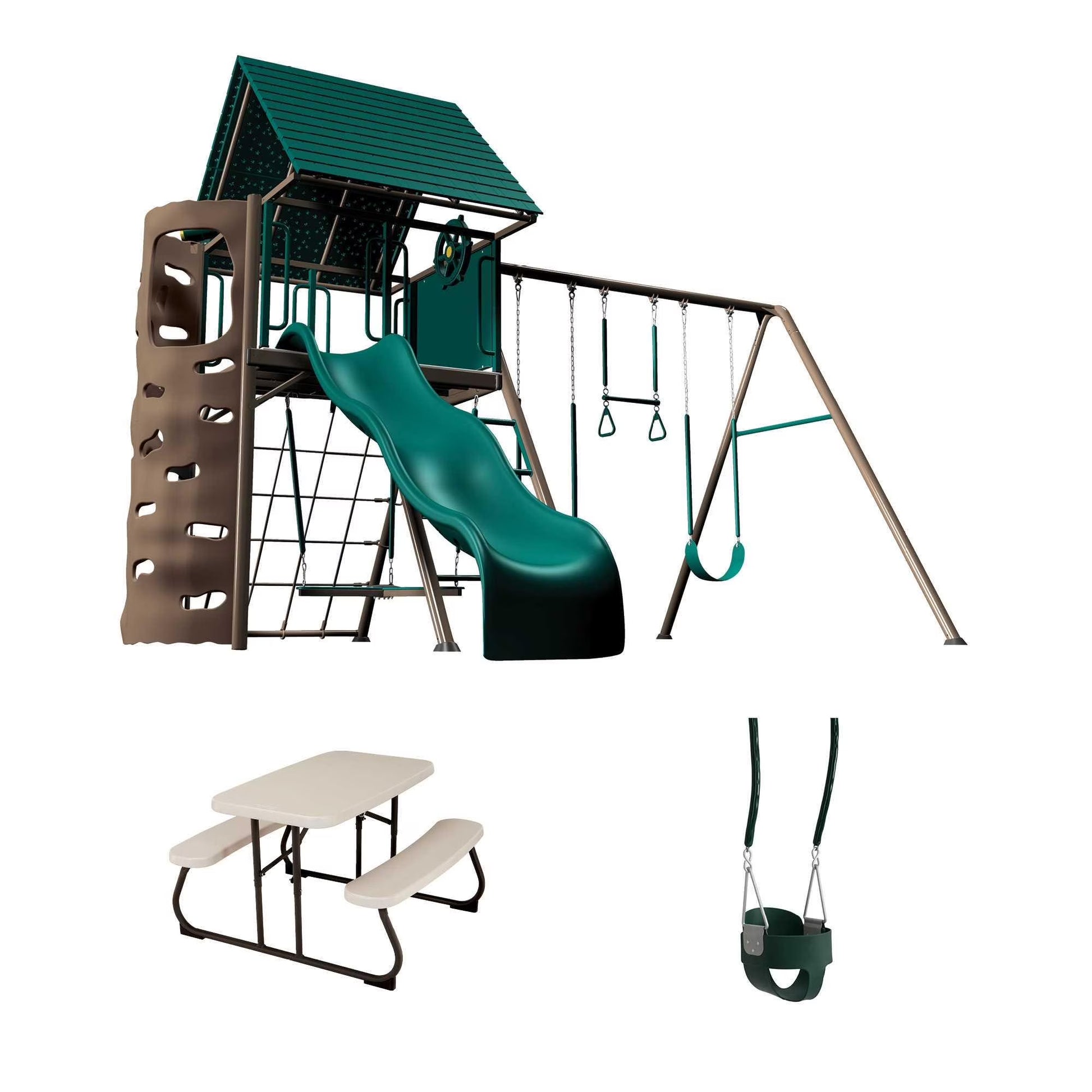 Kid'S Big Stuff Swing Set with Toddler Bucket Swing and Kid'S Almond Picnic Table (91109)