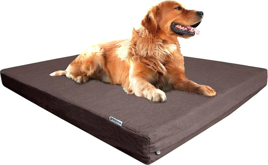 Luxury Extra Large Orthopedic Memory Foam Dog Bed for Large Dogs with Durable Waterproof Internal Case, Removable Washable Denim Cover and Extra Bonus Pet Bed Cover, XL 40X35X4, Brown