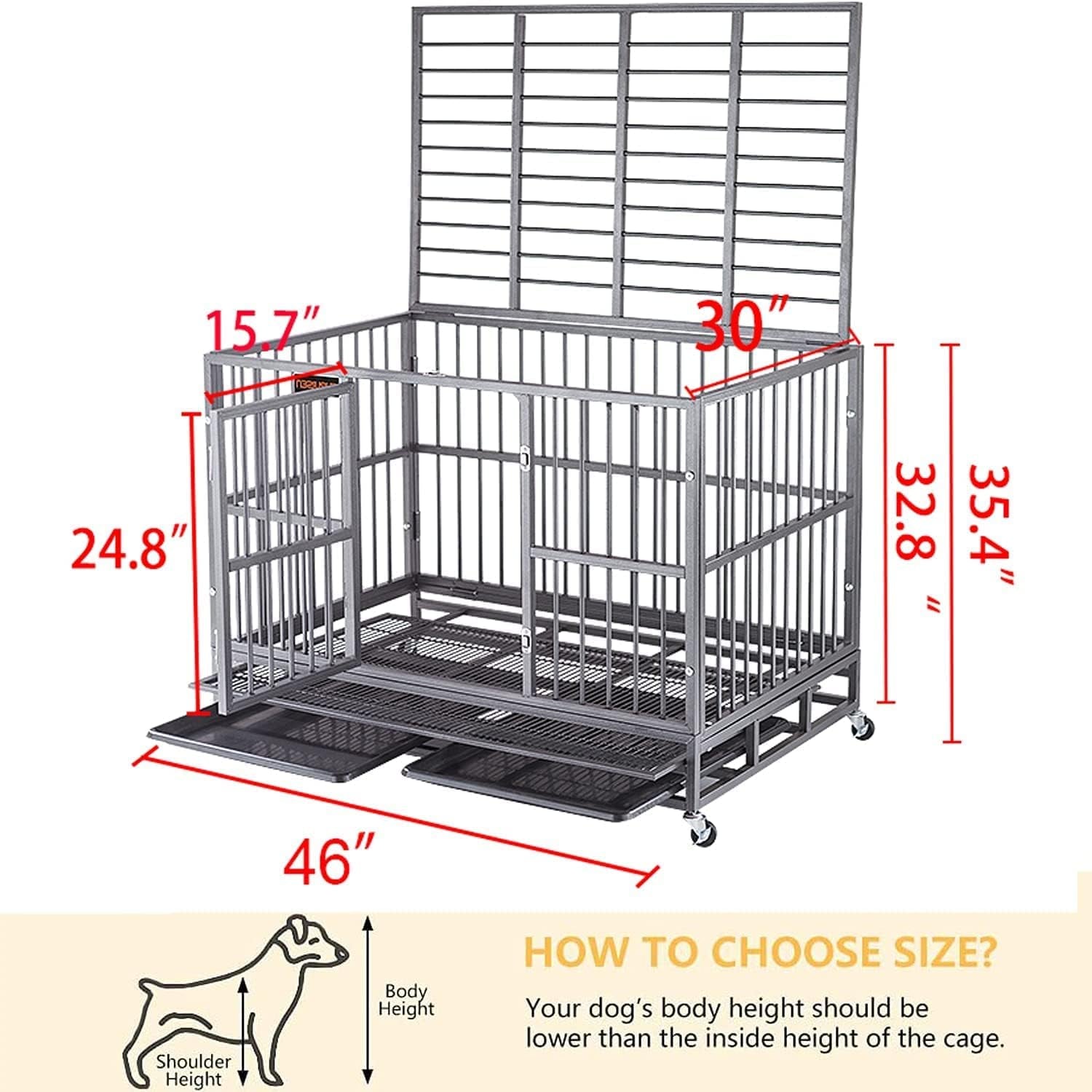 46-Inch Heavy-Duty Indestructible Dog Crate with Wheels, Escape-Proof Kennel for Large Dogs, Extra Large XXL Indoor Dog Crate with Secure Lock and Double Door Removable Tray