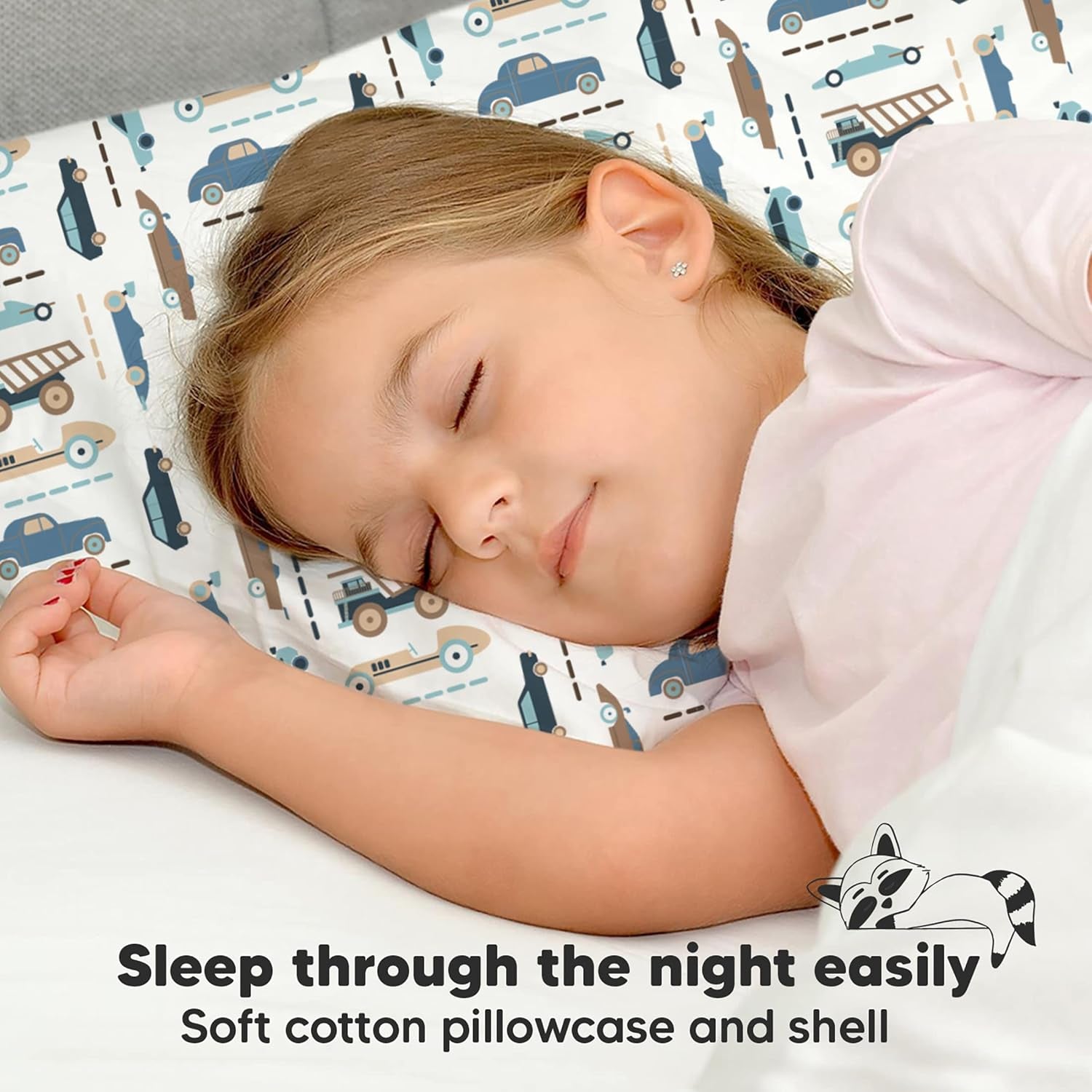 Toddler Travel Pillow with Organic Cotton Pillowcase - 13x18 My Little Dreamy Design, Soft & Breathable, Machine Washable, Ideal for Ages 2-5 (Vroom)