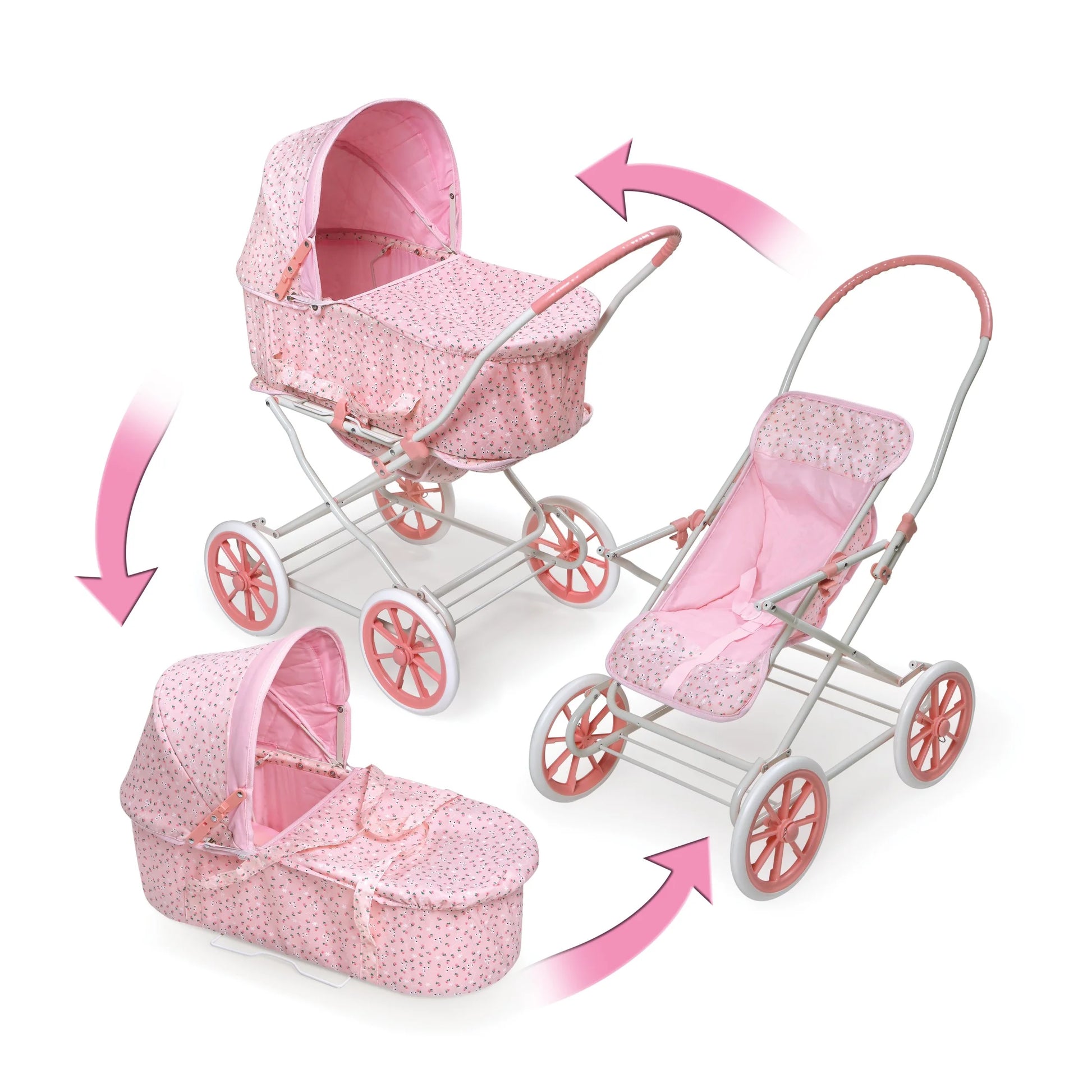 3-in-1 Pink Rosebud Doll Pram, Carrier, and Stroller Set