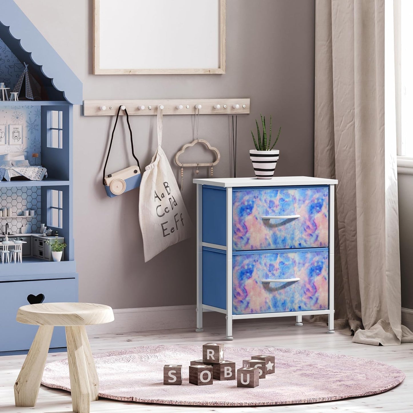 Kids Nightstand with Two Drawers - Steel Frame and Wood Top End Table with Fabric Bins - Versatile Dresser and Chest for Home, Bedroom, Office, and College Dorm