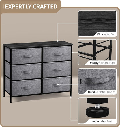6-Drawer Dresser - Versatile Chest Organizer with Steel Frame, Wooden Top, and Convenient Fabric Bins for Clothing Storage in Bedroom, Hallway, Living Room, Nursery, and Closet