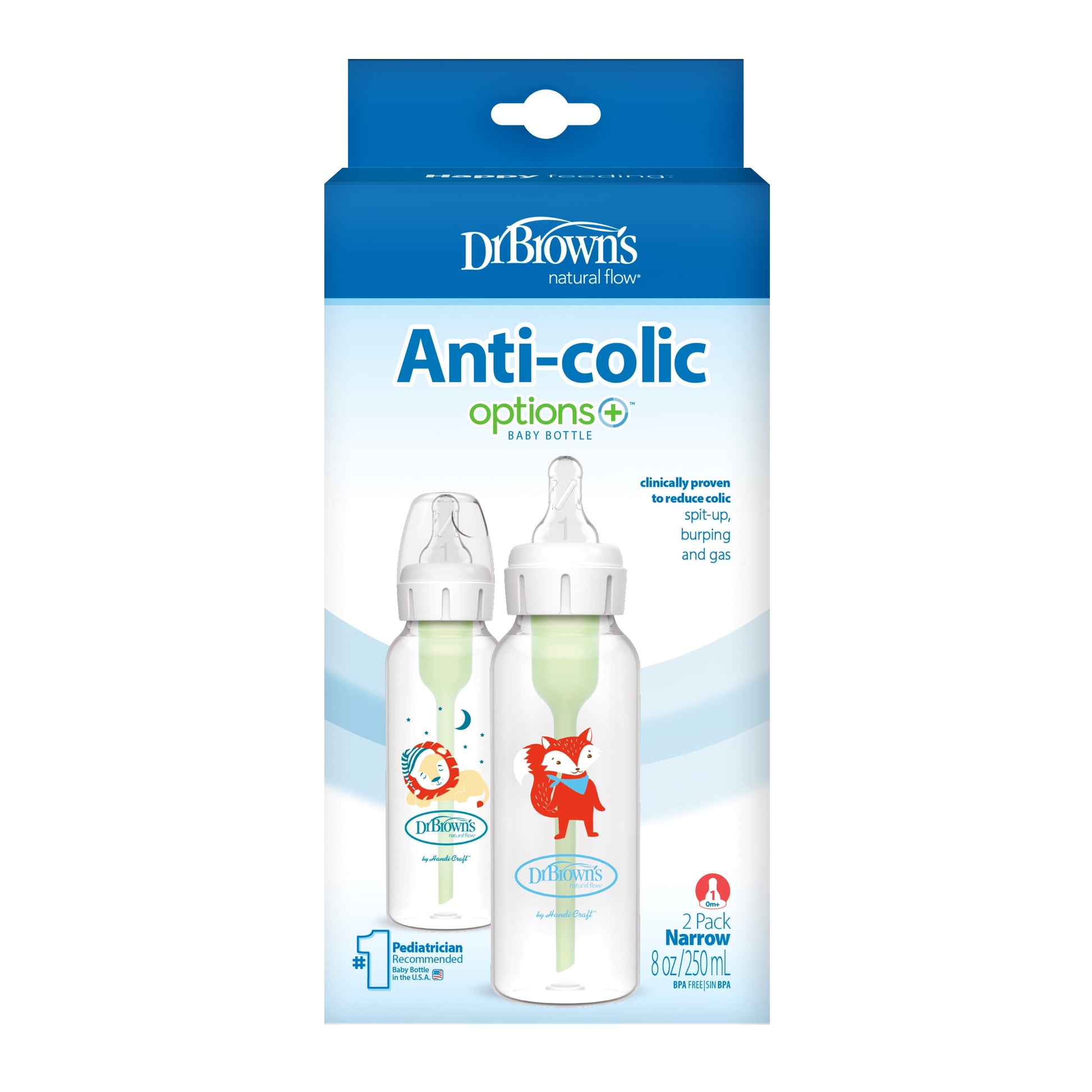 Natural Flow Anti-Colic Options+ Narrow Baby Bottle, Fox & Lion Design, 8 oz (250 ml), Level 1 Slow Flow Nipple, BPA-Free, Suitable for Newborns, Set of 2