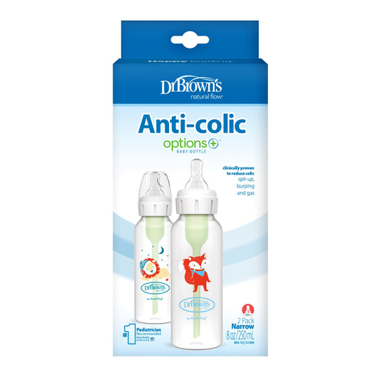 Natural Flow Anti-Colic Options+ Narrow Baby Bottle, Fox & Lion Design, 8 oz (250 ml), Level 1 Slow Flow Nipple, BPA-Free, Suitable for Newborns, Set of 2