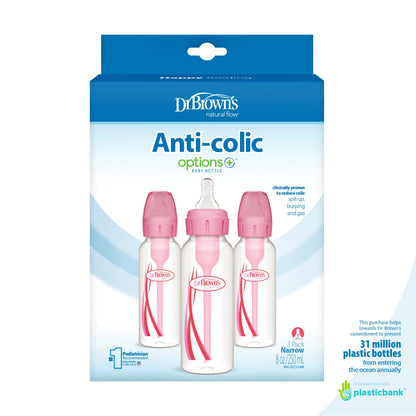 Dr. Brown's Natural Flow Options+ Anti-Colic Narrow Baby Bottles, Pink, 8 oz, Slow Flow, Suitable for Newborns, Set of 3