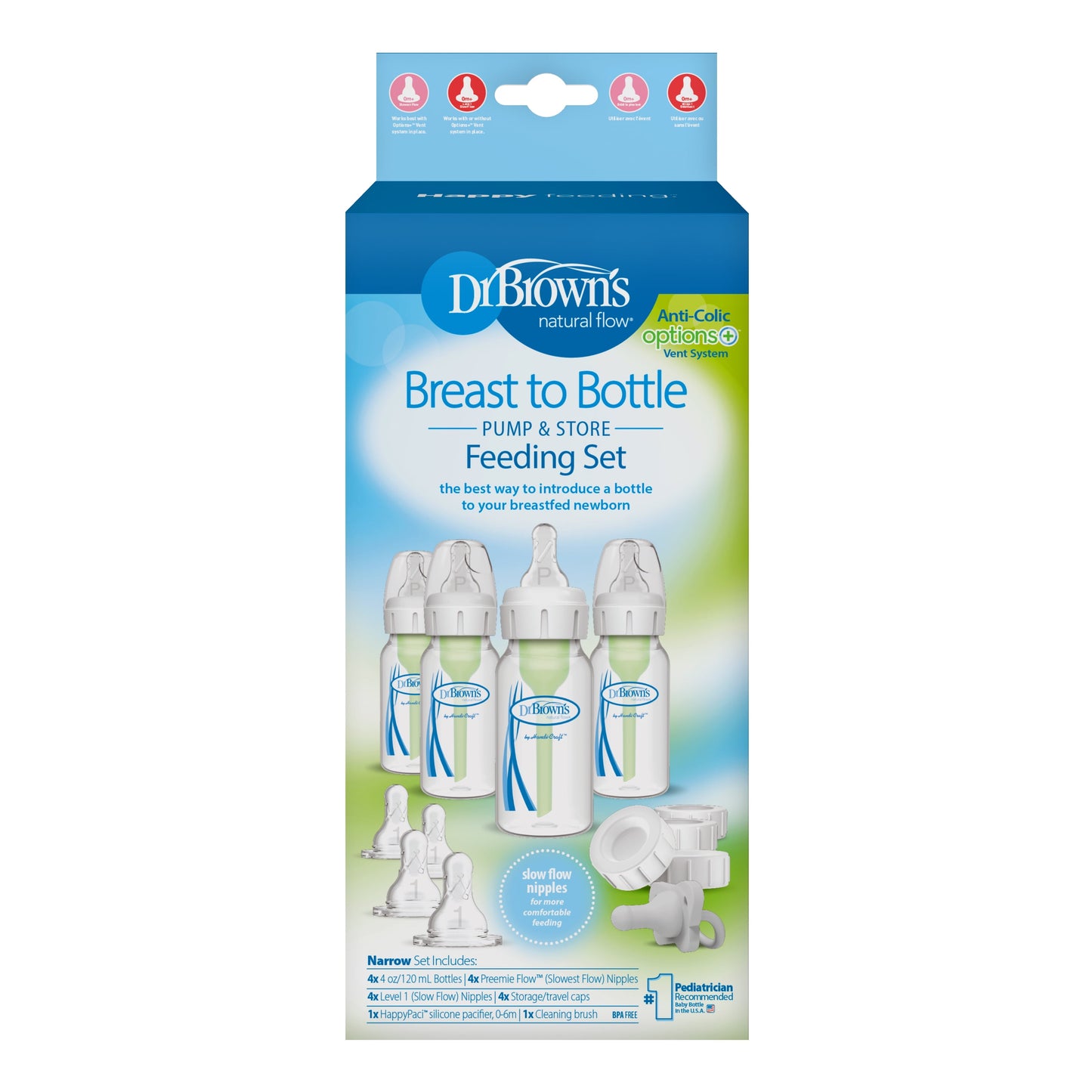 Natural Flow Anti-Colic Options+ Narrow Breast-to-Bottle Feeding Set, Clear, 4 oz, Set of 4
