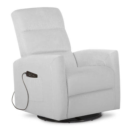 Reevo Upholstered Faux Leather Glider Chair with Swivel, Rocker, and Massage Features for Modern Nurseries - Misty Grey, Tool-Free Assembly, Easy to Clean, Eco-Friendly Design