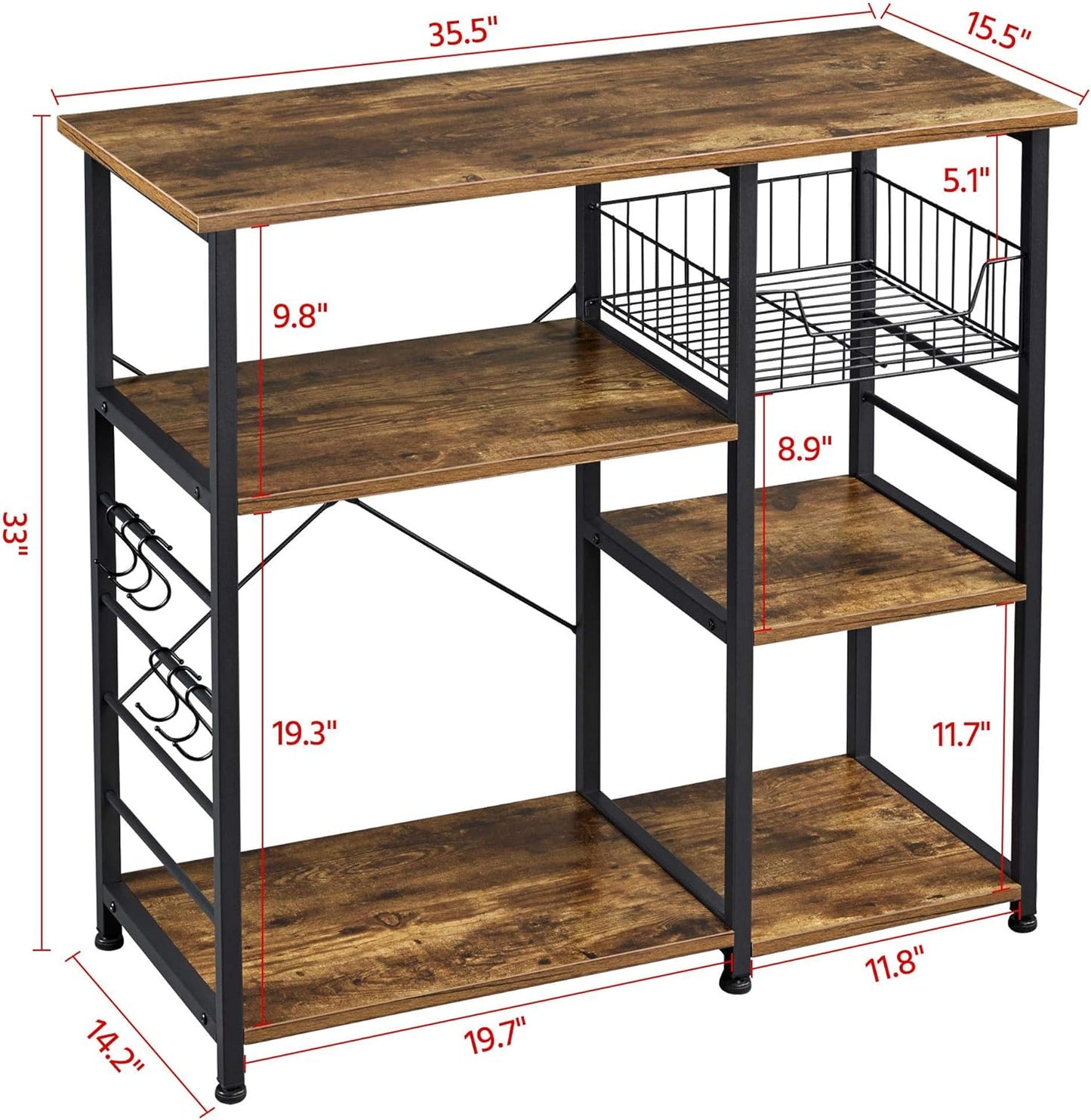 4-Tier Rustic Brown Kitchen Baker's Rack and Coffee Bar with Microwave Stand, Wire Basket, and 6 Side Hooks for Organized Storage of Spices and Utensils