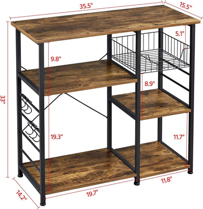 4-Tier Rustic Brown Kitchen Baker's Rack and Coffee Bar with Microwave Stand, Wire Basket, and 6 Side Hooks for Organized Storage of Spices and Utensils