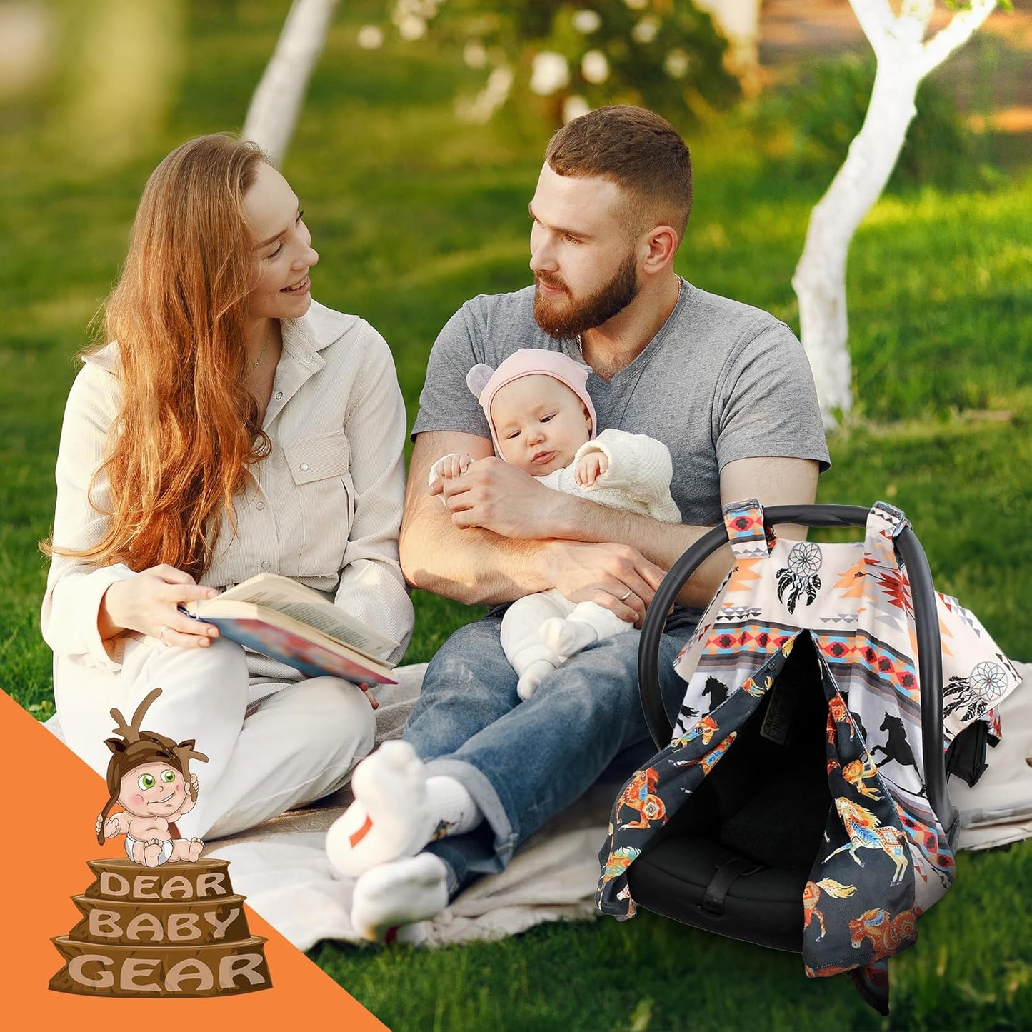 Reversible Infant Car Seat Canopy with Snap Opening (40" x 30") - Southwestern Tribal Horses Design for Boys and Girls