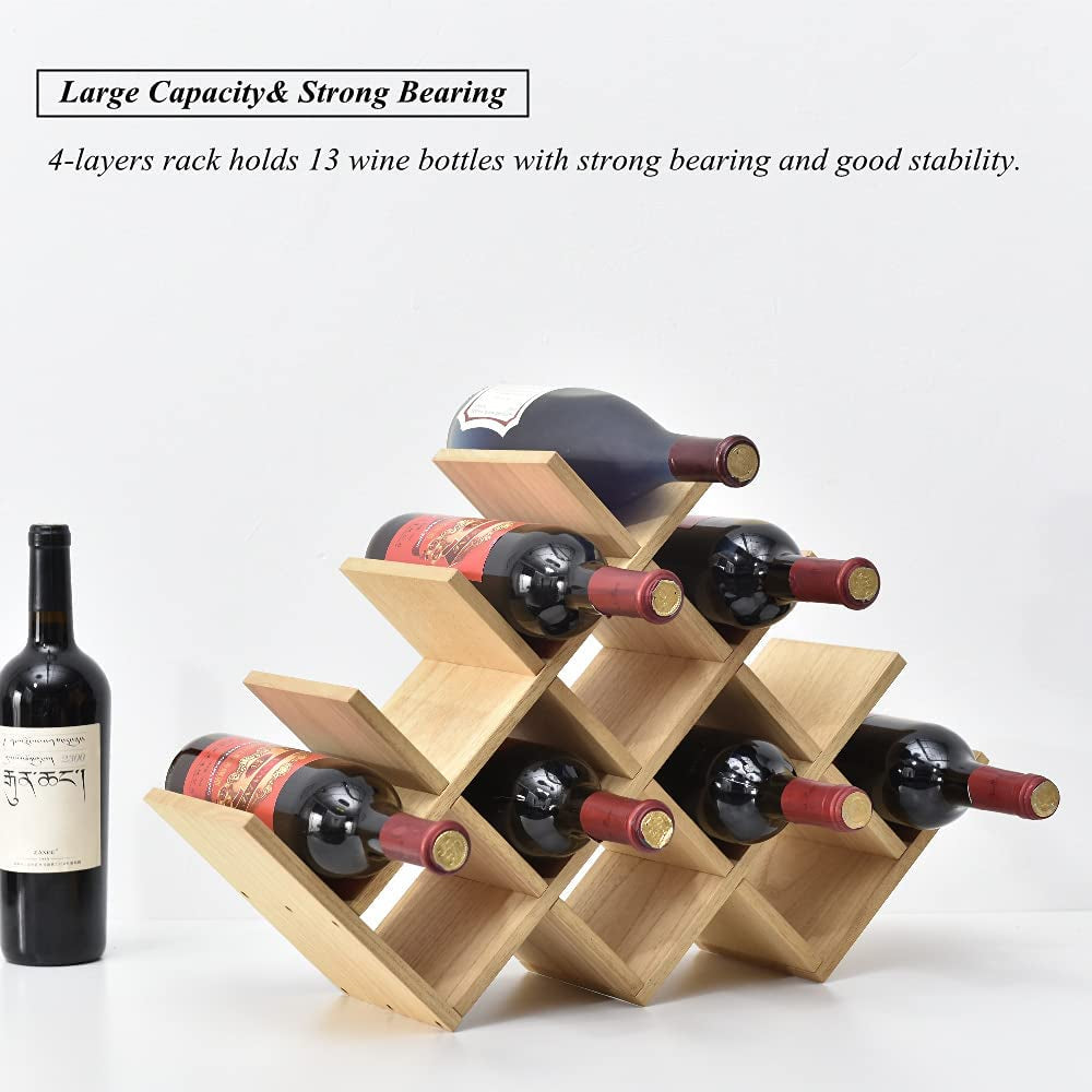 Wooden 13-Bottle Wine Rack - Nature Wood 4-Tier Wine Display Rack/Free Standing and Countertop Storage Shelf - Bottle Holder/Cabinet Glass XHJJ4-NA