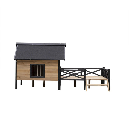 66" Outdoor Dog House, Large Wooden Dog Kennel with Porch, Cabin House Style Pet Houses for Cats, Brown