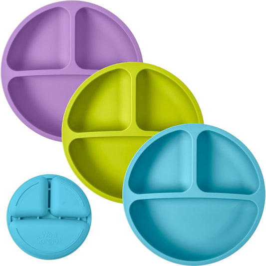 Silicone Baby and Toddler Plates Set (3-Pack) - 100% Food-Grade, Divided Design with Raised Edges, Dishwasher and Microwave Safe Weaning Essentials for Self-Feeding