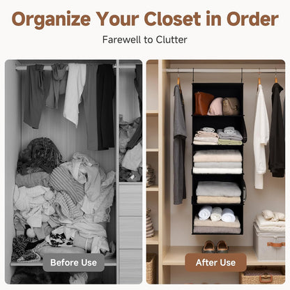 5-Shelf Hanging Closet Organizers, Foldable Closet Storage Organizer with 2 Side Pockets, Portable Hanging Shelves for Clothes, Sweater, Towels, 12 1⁄2" D X 15" W X 48" H, Black